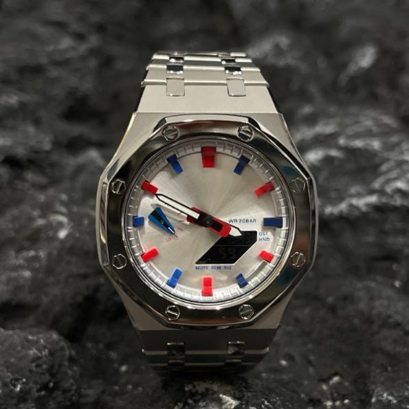 Ga2100 All Silver Stainless Steel Case Red & Blue Marker
