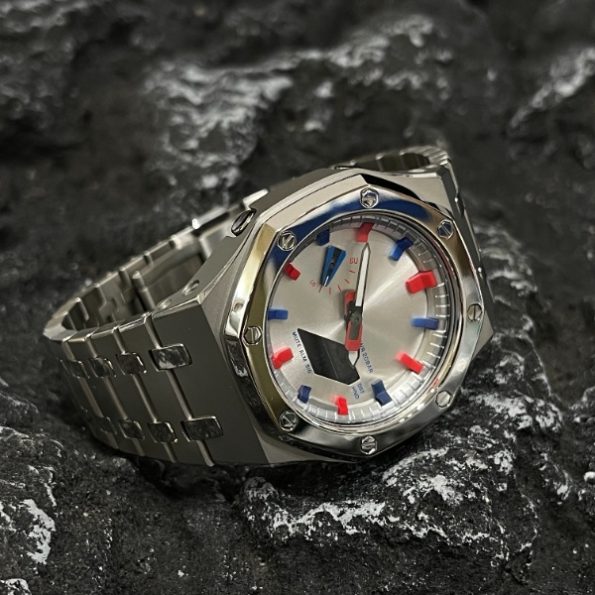 Ga2100 All Silver Stainless Steel Case Red & Blue Marker