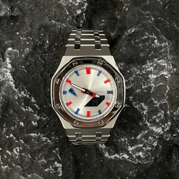 Ga2100 All Silver Stainless Steel Case Red & Blue Marker